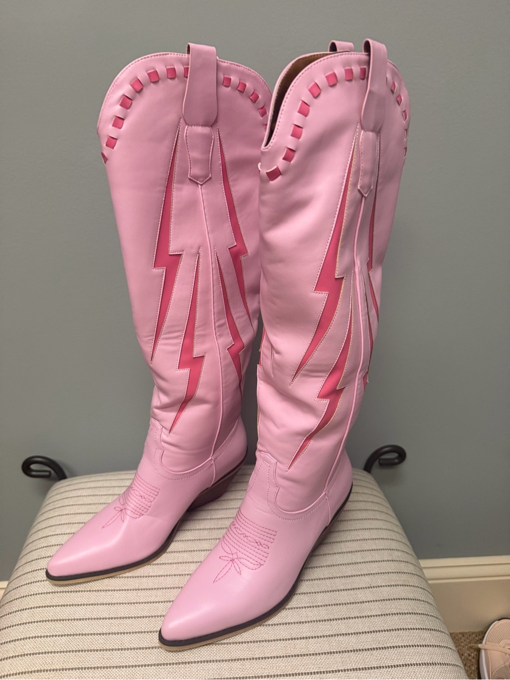 Pink Over-the-Knee Western Lightning-Stitch Boots